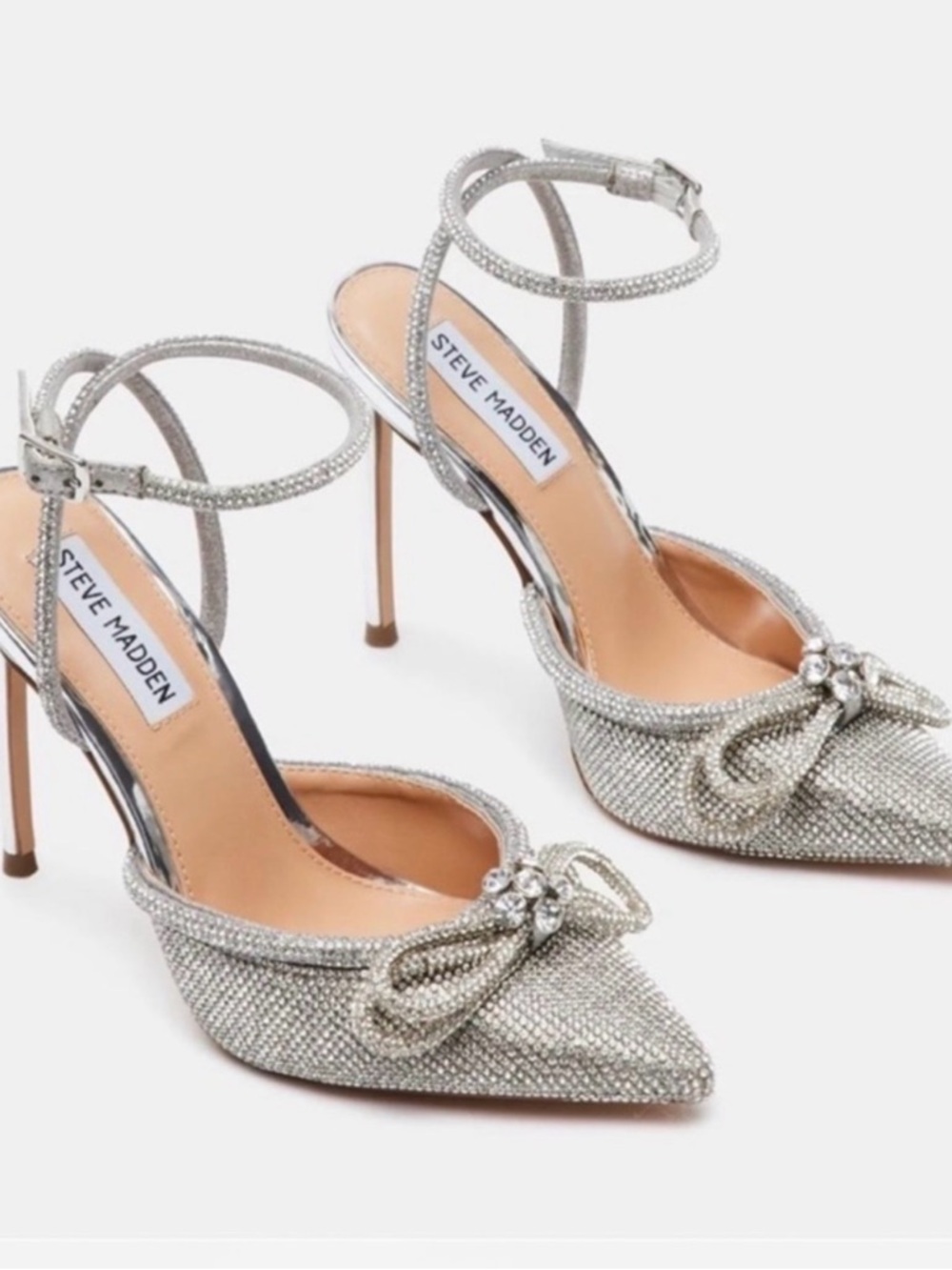 Steve Madden Silver Crystal Bow Pointed Toe Mules - Picture 2 of 7